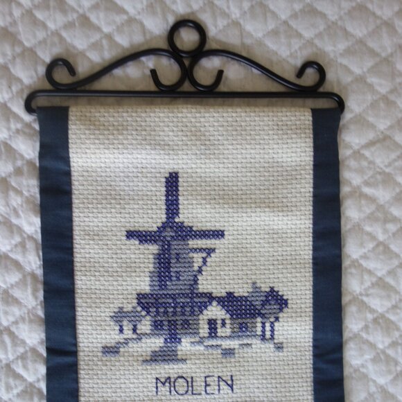 Vtg Handmade Dutch Cross Stitch Needlepoint Wall hanging w/ 6 Dutch Scenes - Picture 1 of 8